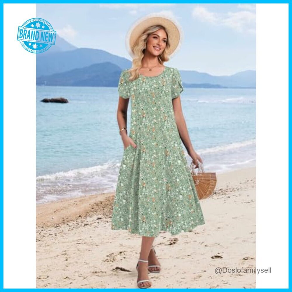 Flowy Midi Sundress Petal Sleeve A-Line Bohemian Casual Elegant Summer Dress - Picture 6 of 7